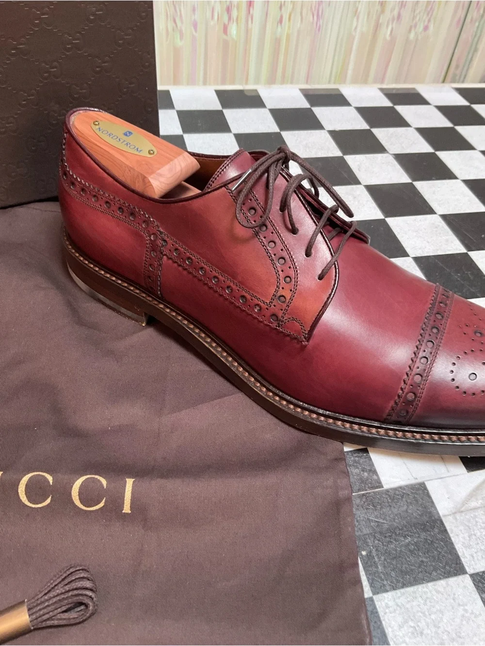 Gucci Men’s Bordeaux Leather Wingtip Oxfords